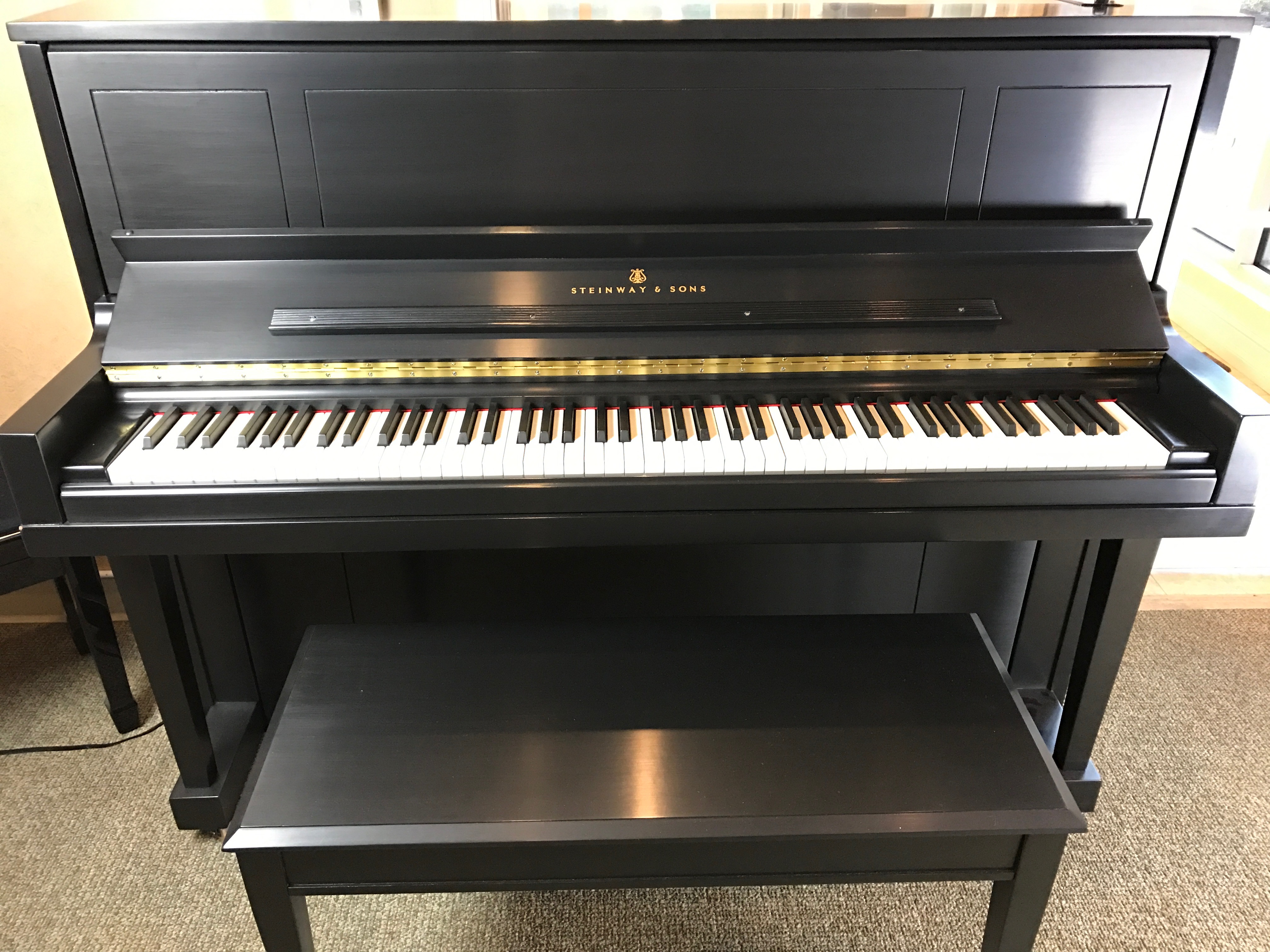 Used Steinway & Sons Piano Upright Piano Studio Piano Black Satin Naples Fort Myers Bonita Springs